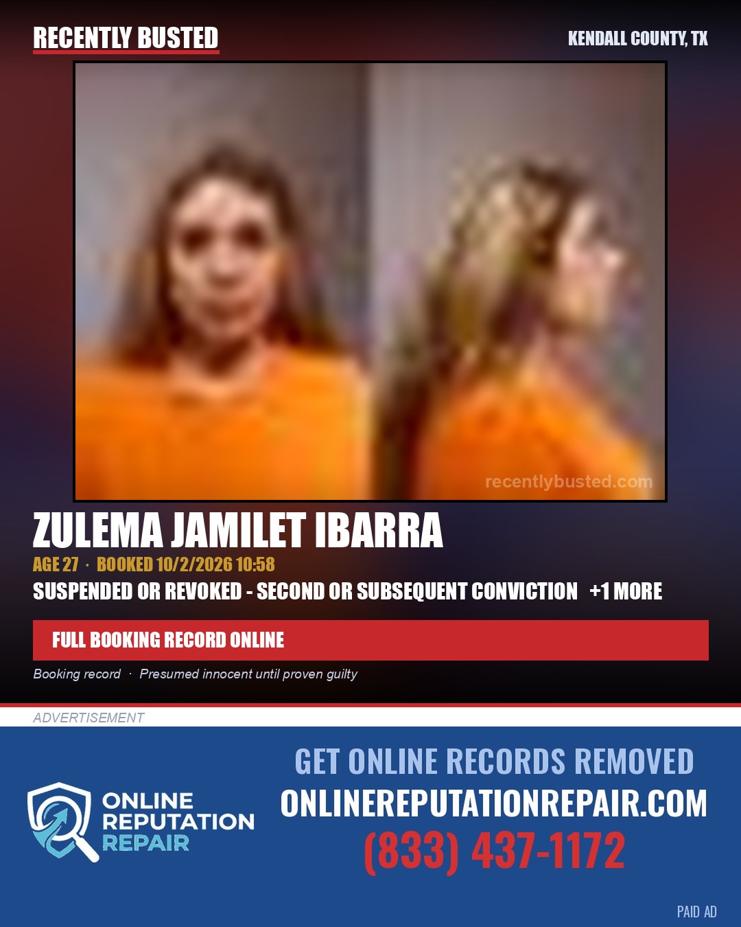 IBARRA, ZULEMA JAMILET — arrest record card, Kendall County, Illinois