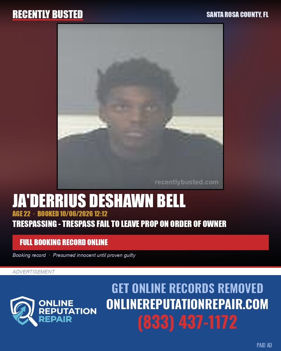 Ja'Derrius Deshawn Bell — arrest record card, Santa Rosa County, Florida