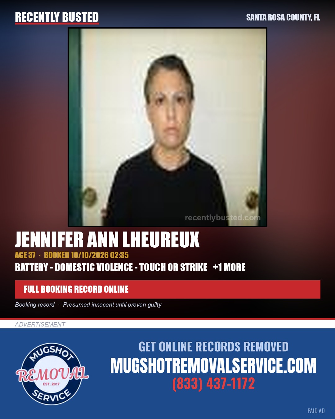 Jennifer Ann Lheureux — arrest record card, Santa Rosa County, Florida