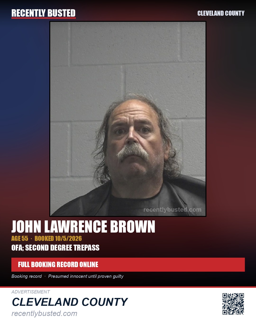 JOHN LAWRENCE BROWN — arrest record card, Cleveland County