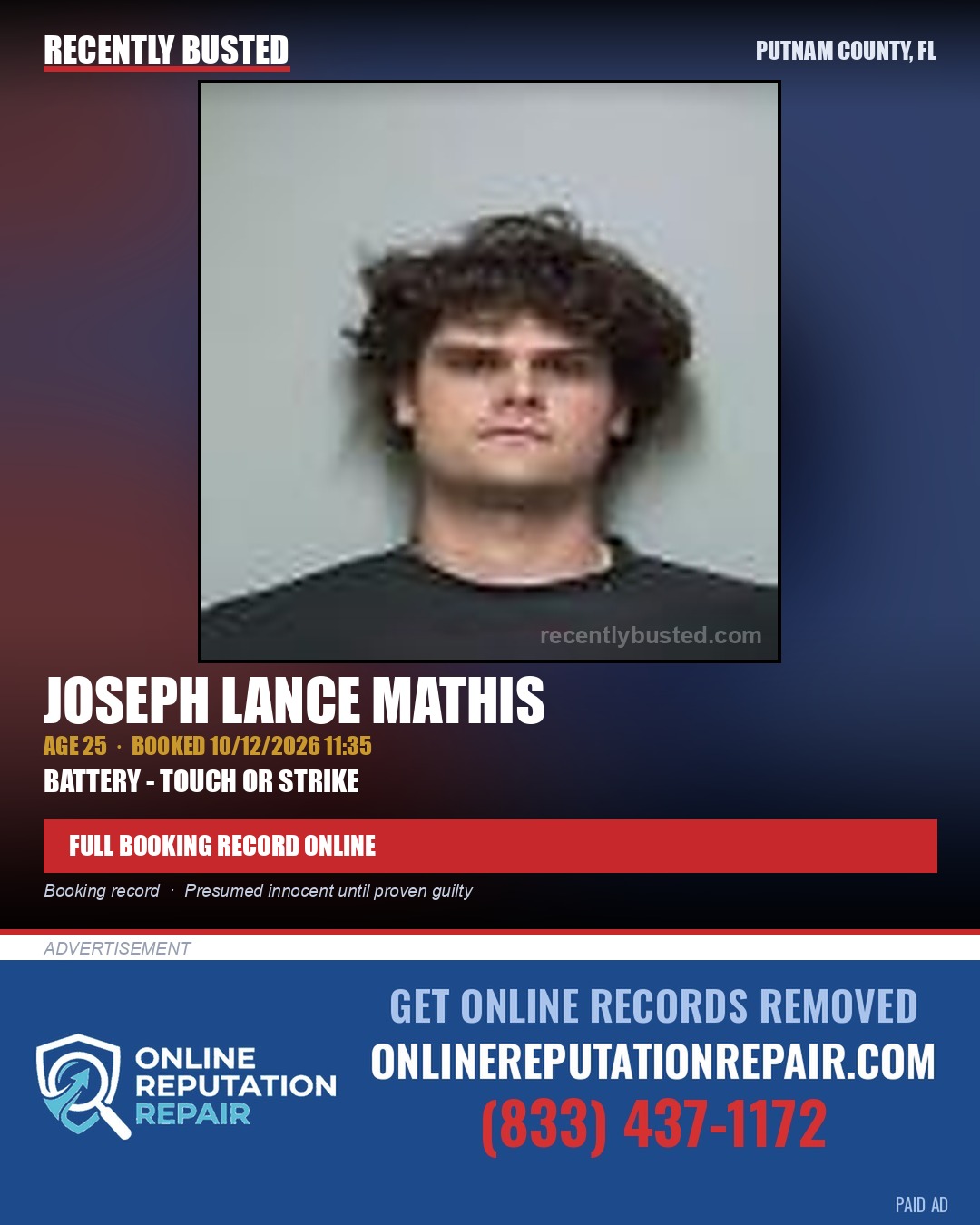 Joseph Lance Mathis — arrest record card, Putnam County, Florida
