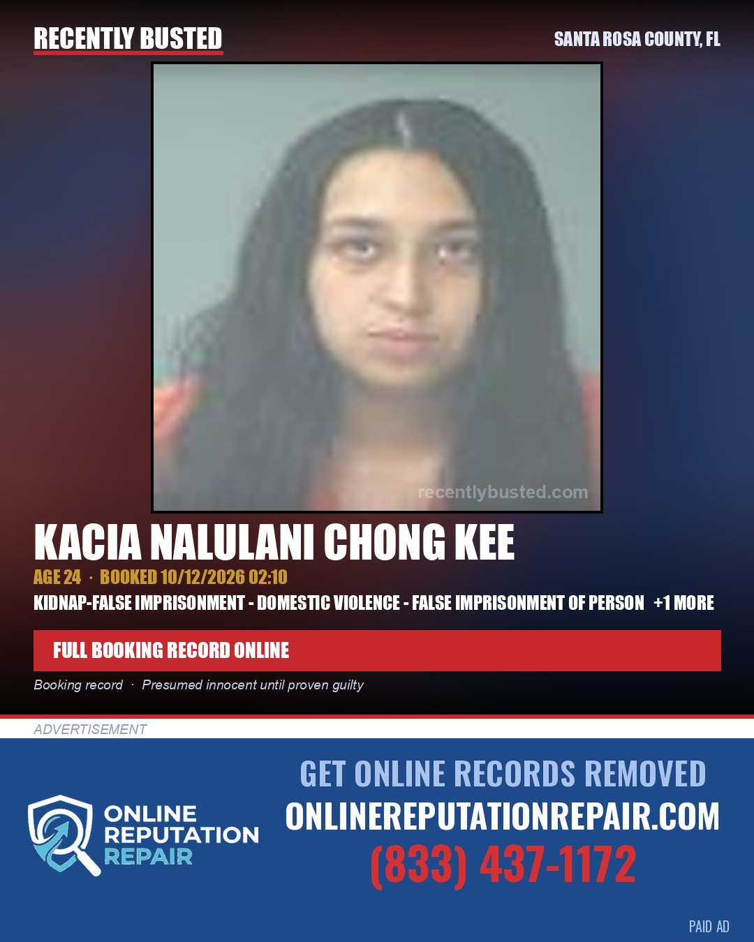Kacia Nalulani Chong Kee — arrest record card, Santa Rosa County, Florida