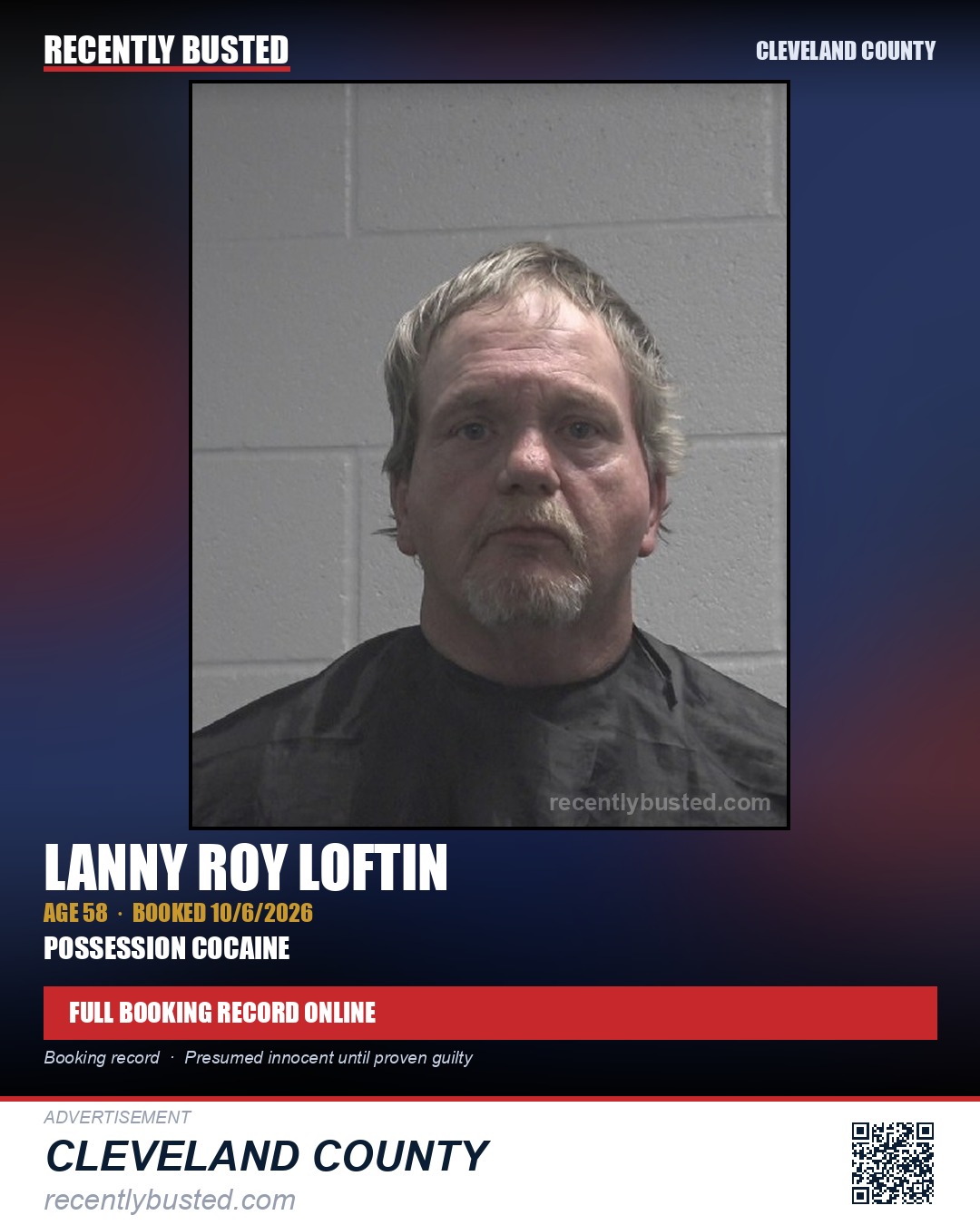 LANNY ROY LOFTIN — arrest record card, Cleveland County