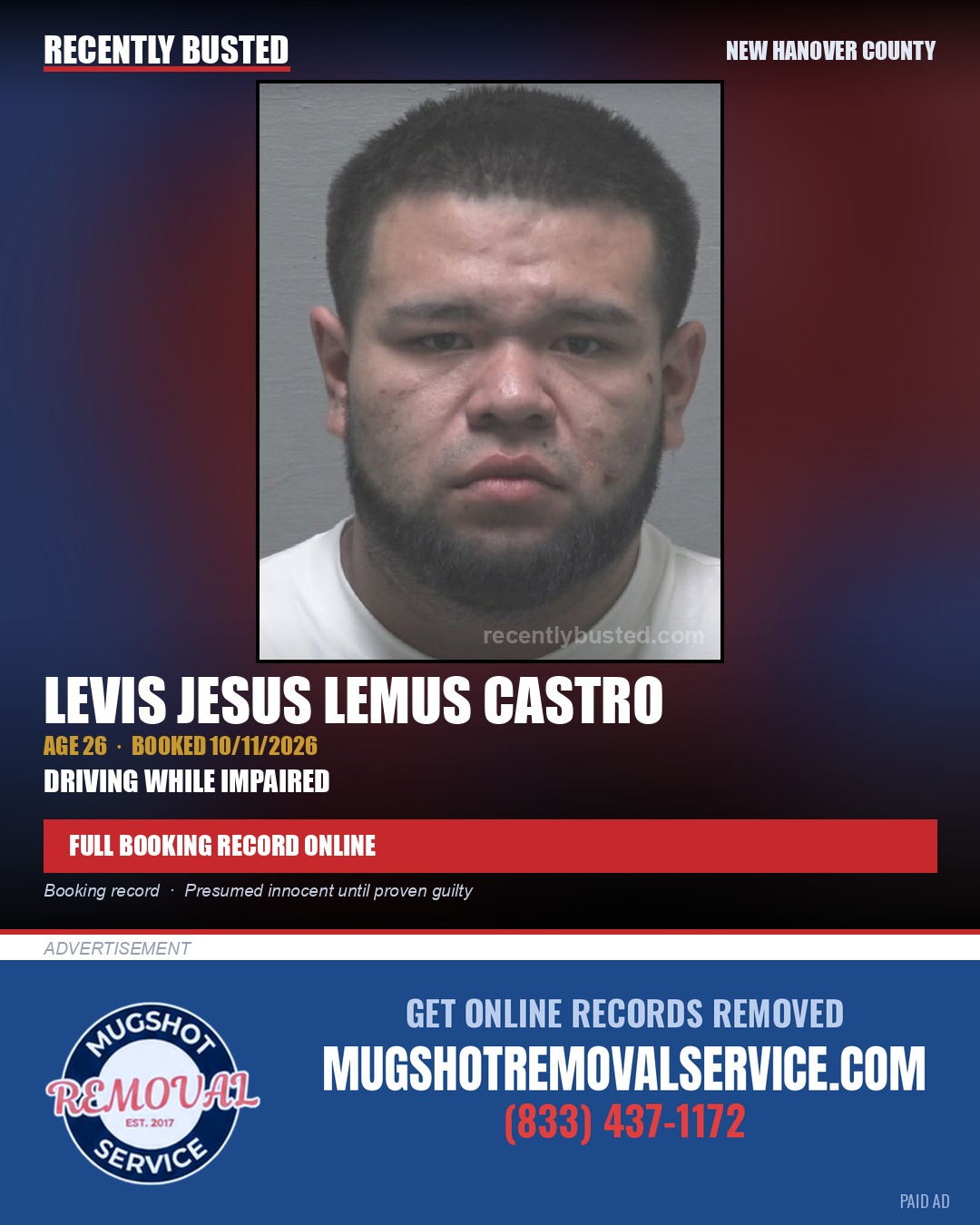 LEVIS JESUS LEMUS CASTRO — arrest record card, New Hanover County