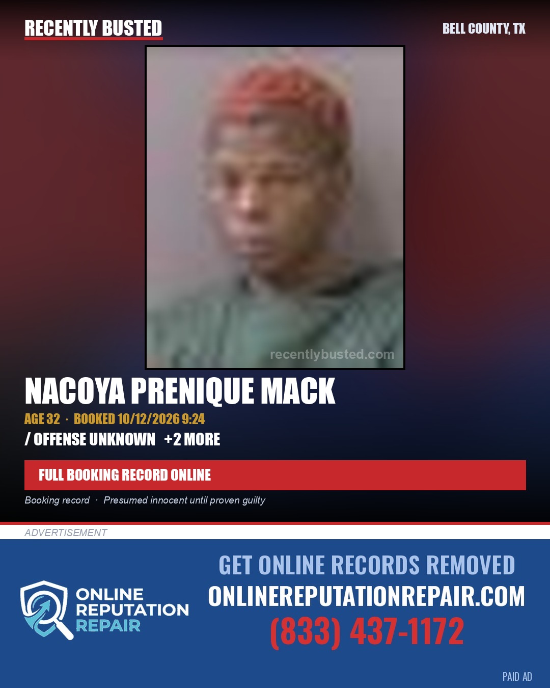 MACK, NACOYA PRENIQUE — arrest record card, Bell County, Texas