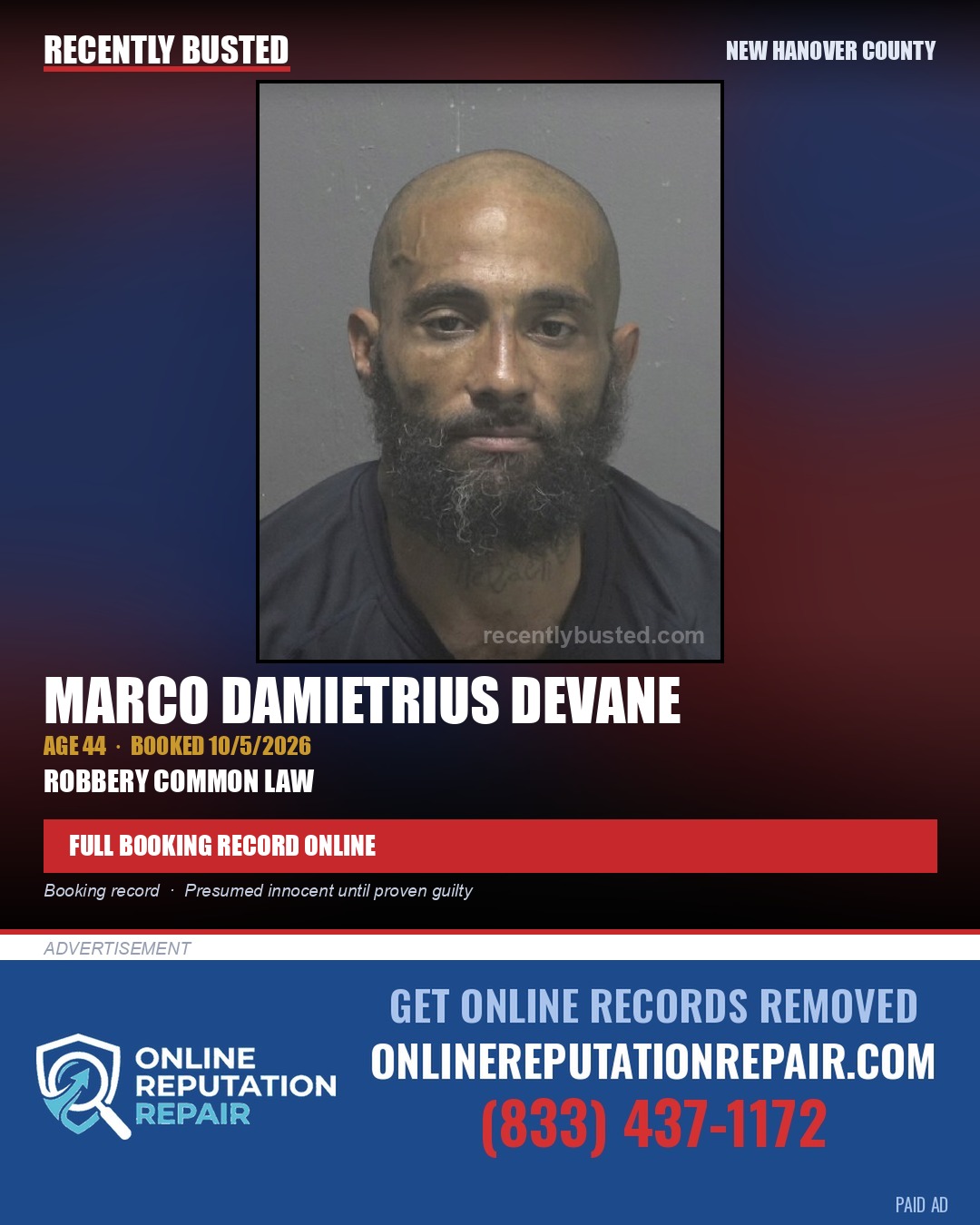 MARCO DAMIETRIUS DEVANE — arrest record card, New Hanover County