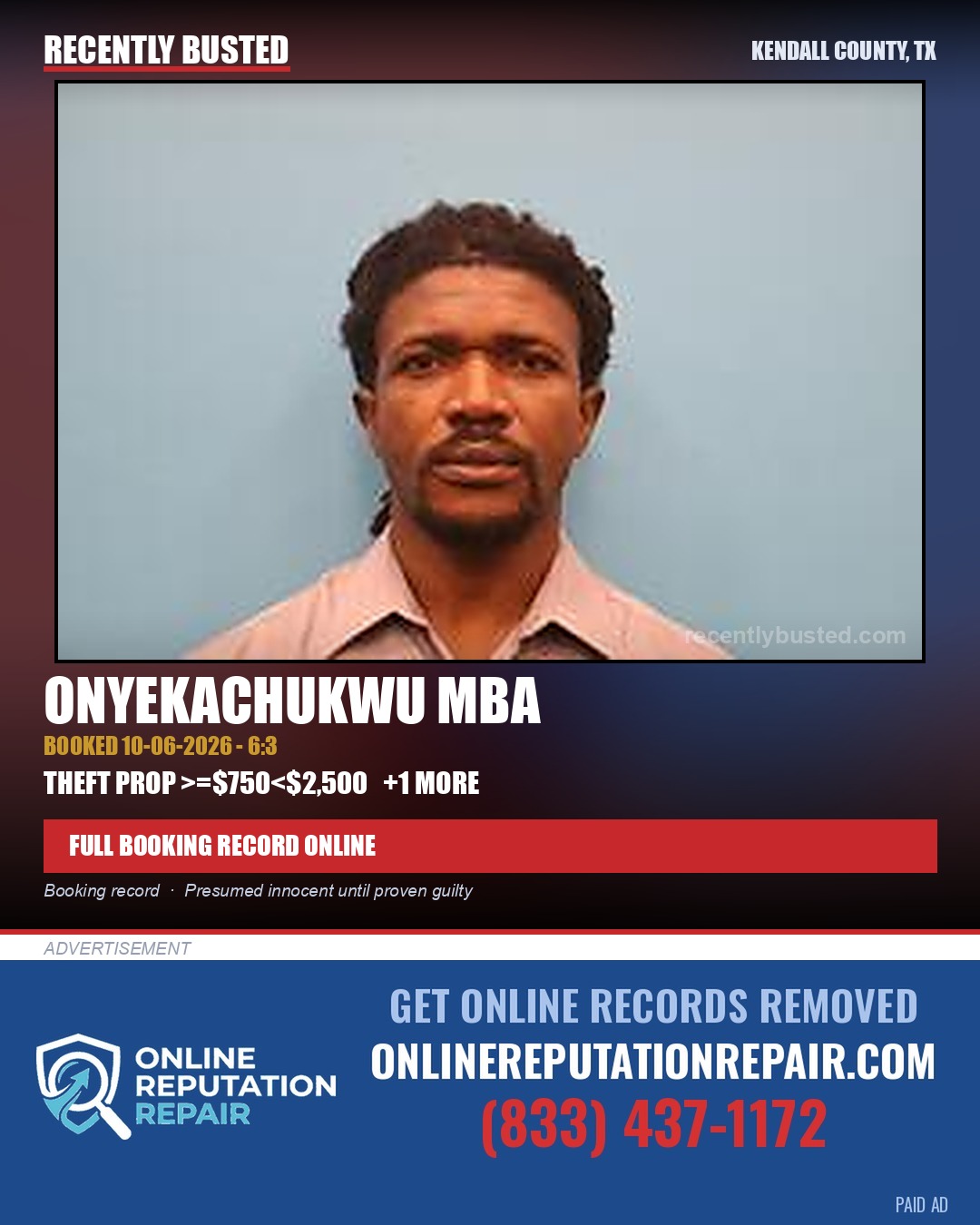 Mba, Onyekachukwu — arrest record card, Kendall County, Texas