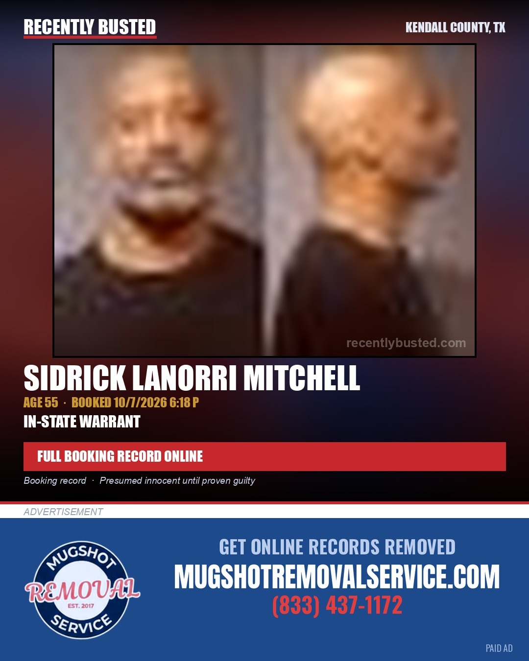MITCHELL, SIDRICK LANORRI — arrest record card, Kendall County, Illinois