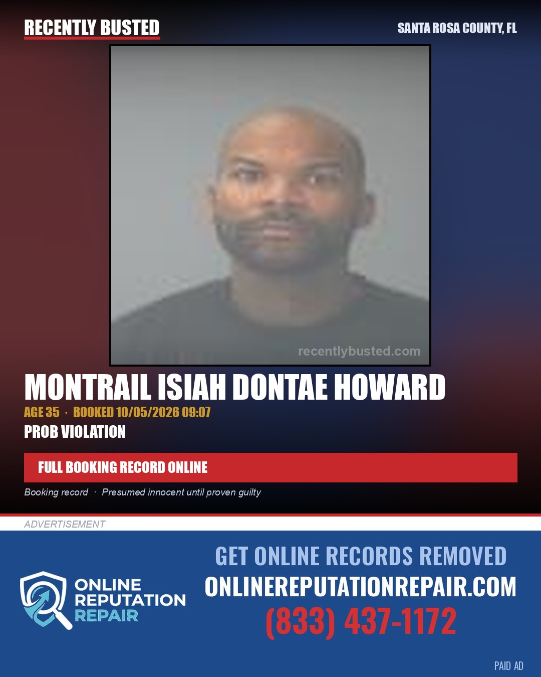 Montrail Isiah Dontae Howard — arrest record card, Santa Rosa County, Florida
