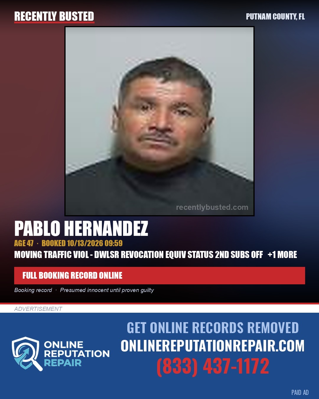 Pablo Hernandez — arrest record card, Putnam County, Florida