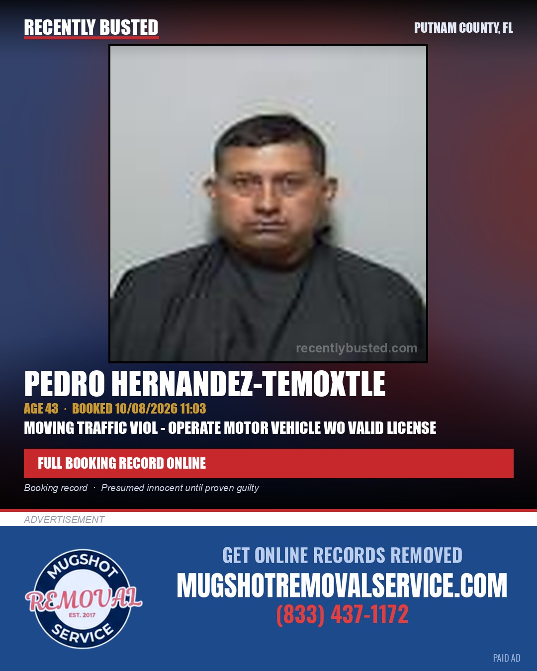 Pedro Hernandez-Temoxtle — arrest record card, Putnam County, Florida