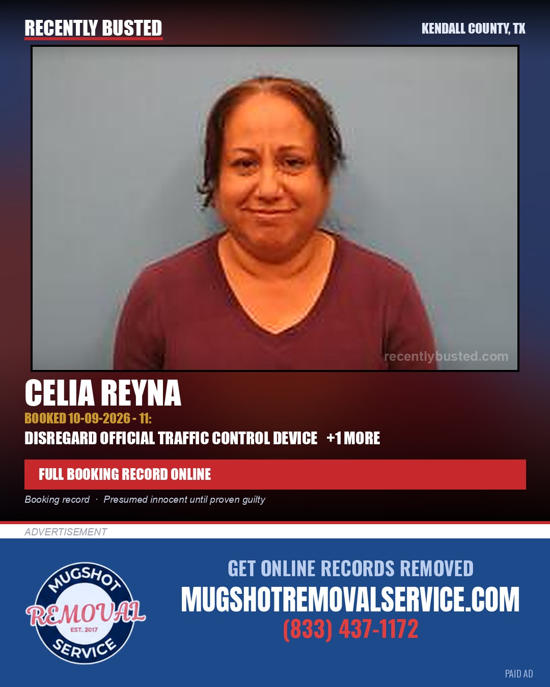 Reyna, Celia — arrest record card, Kendall County, Texas