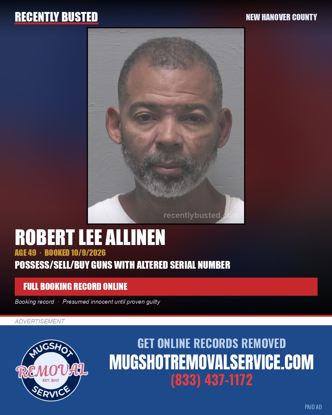 ROBERT LEE ALLINEN — arrest record card, New Hanover County
