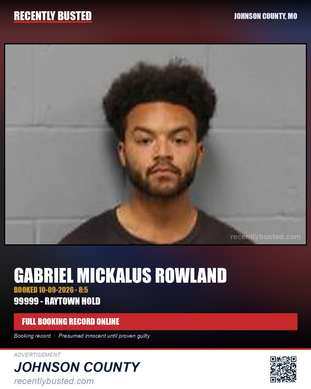 ROWLAND, GABRIEL MICKALUS — arrest record card, Johnson County, Missouri