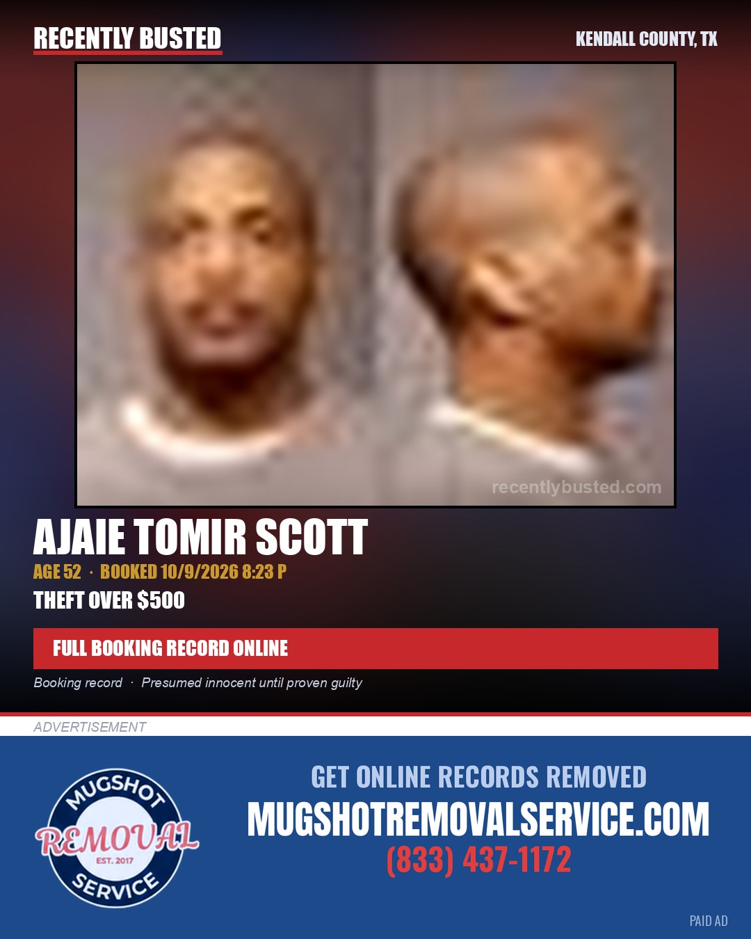SCOTT, AJAIE TOMIR — arrest record card, Kendall County, Illinois