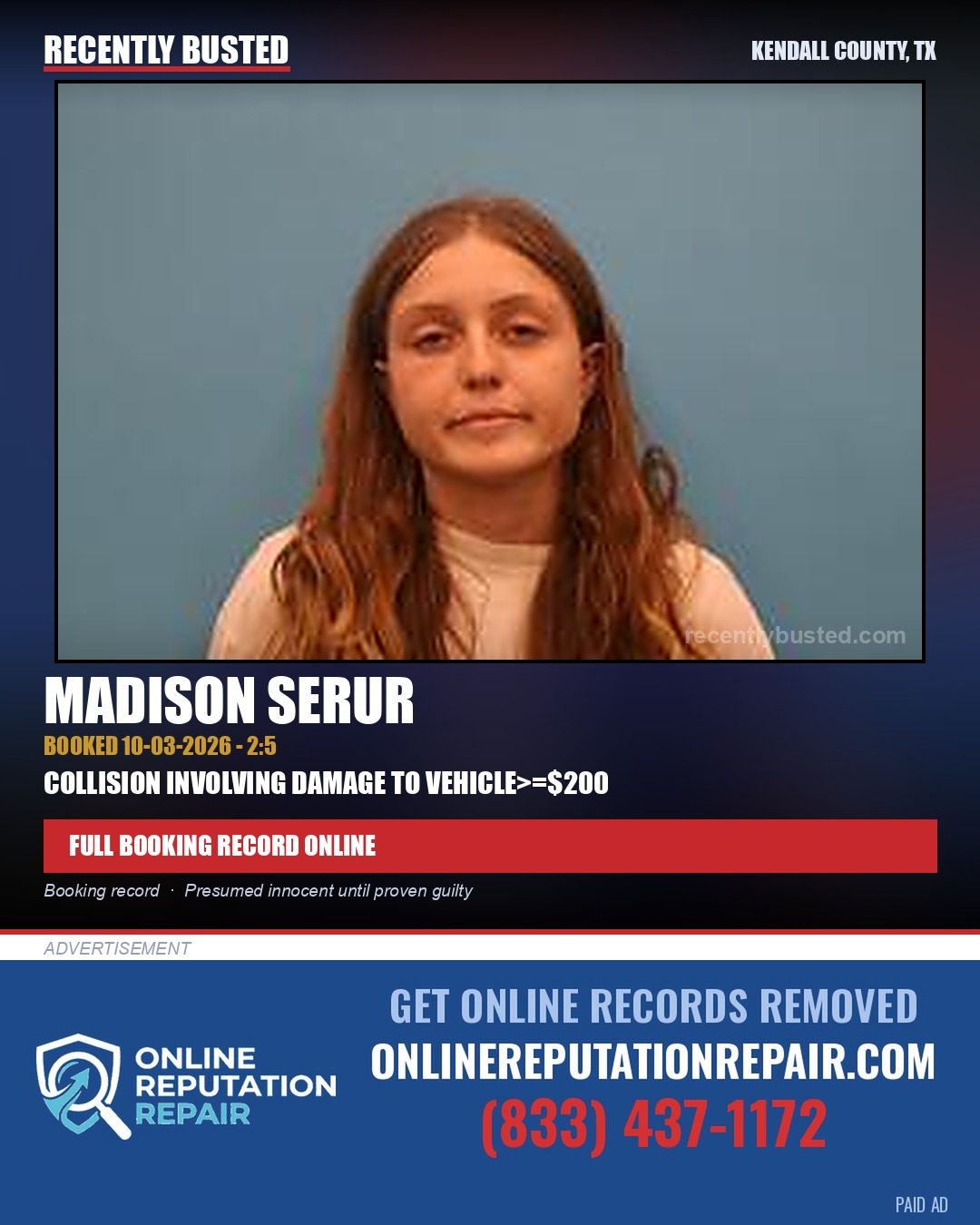 Serur, Madison — arrest record card, Kendall County, Texas