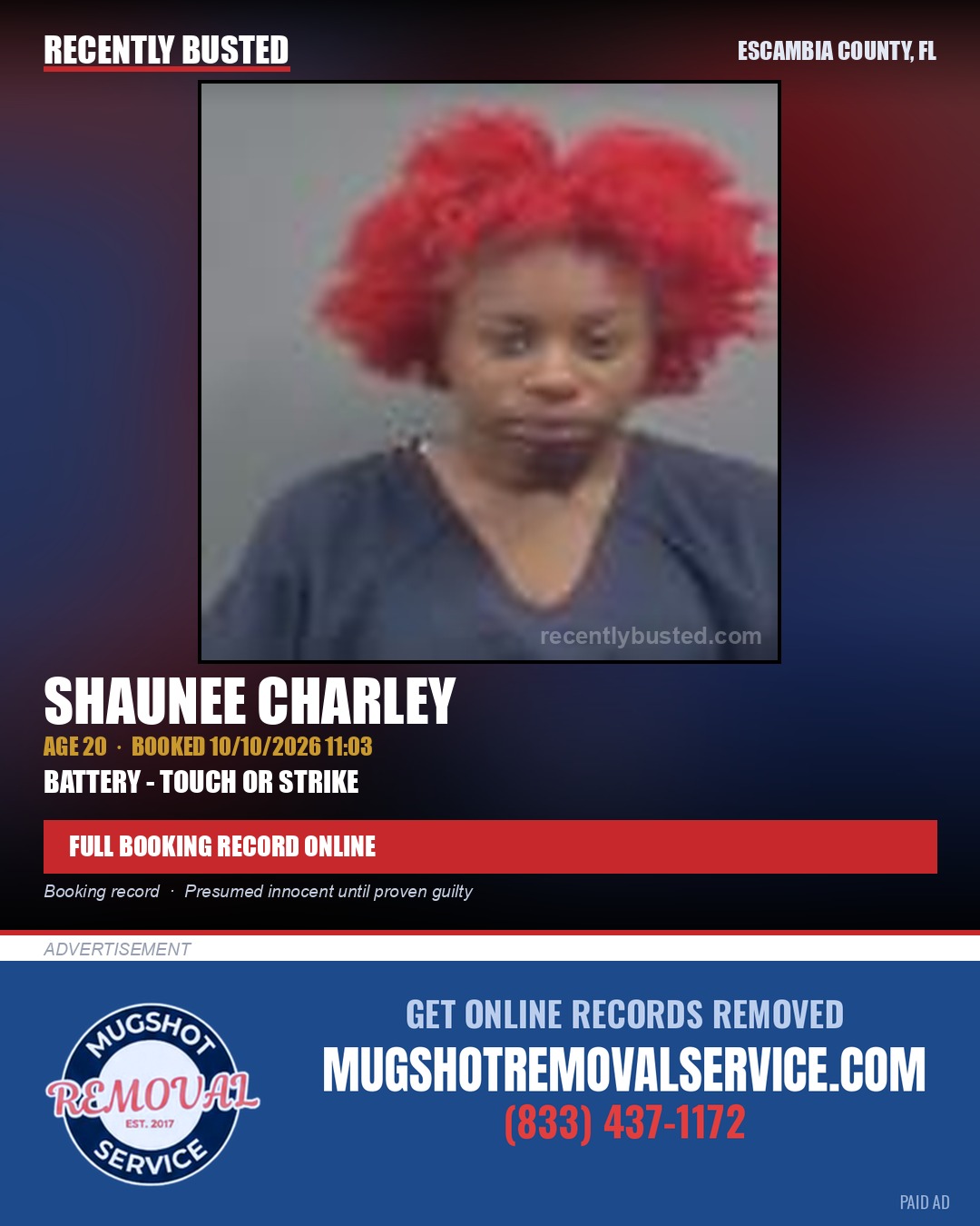 Shaunee Charley — arrest record card, Escambia County, Florida