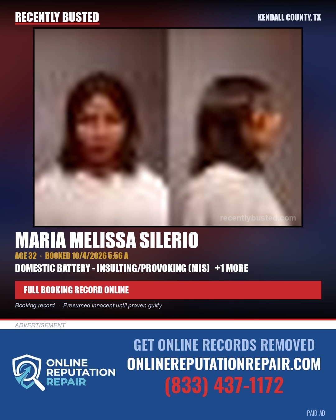 SILERIO, MARIA MELISSA — arrest record card, Kendall County, Illinois
