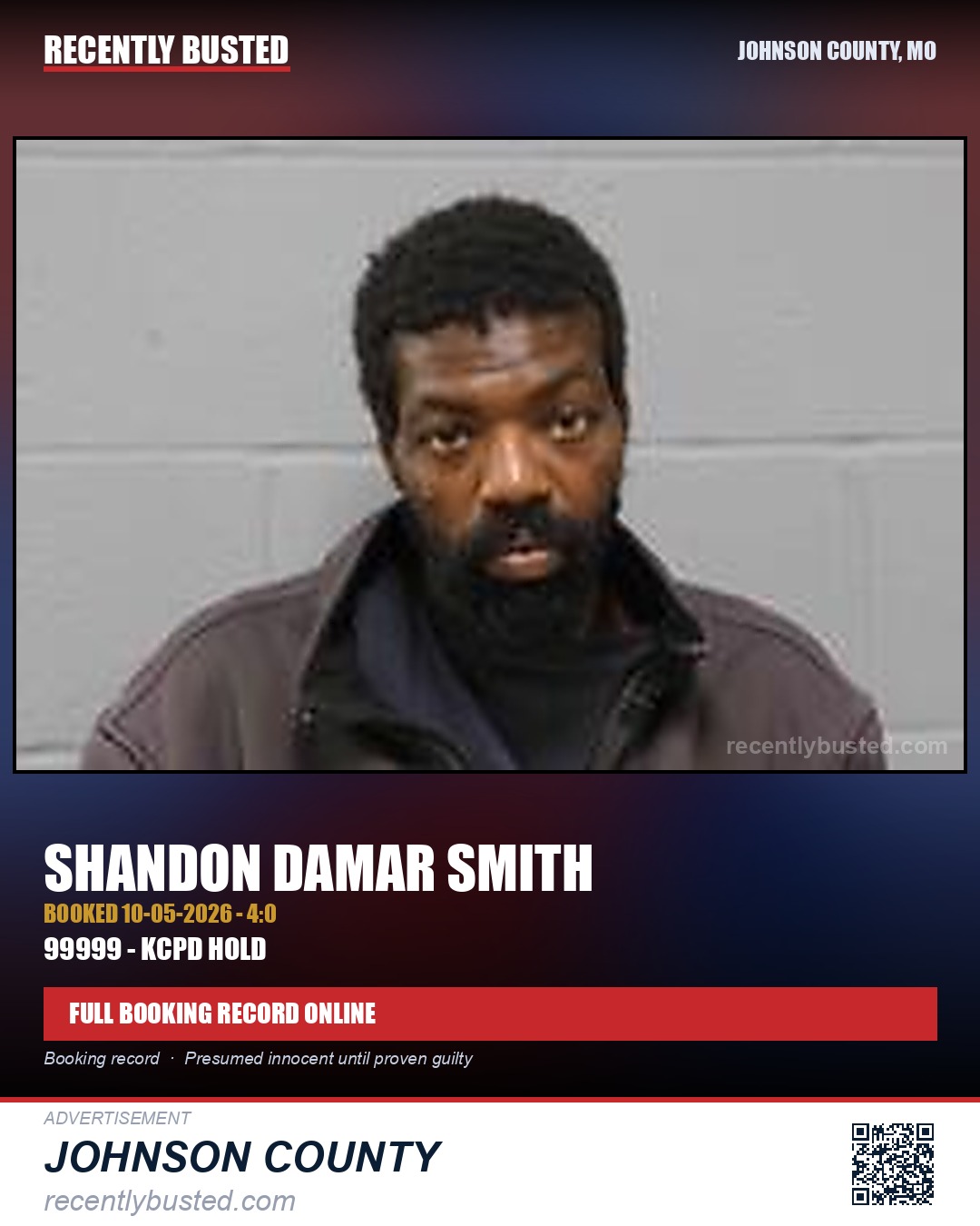SMITH, SHANDON DAMAR — arrest record card, Johnson County, Missouri