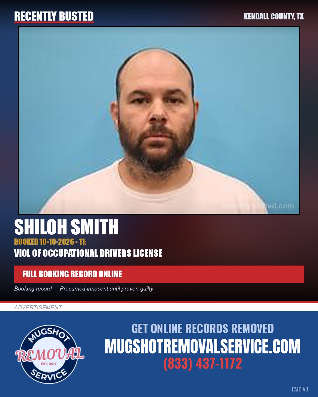 Smith, Shiloh — arrest record card, Kendall County, Texas