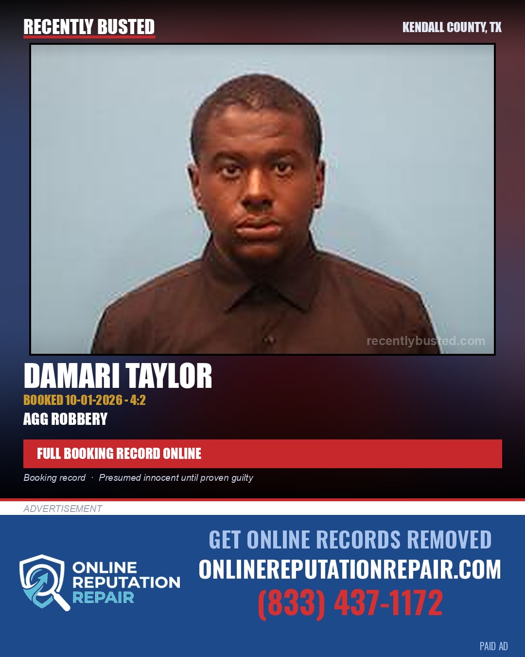 Taylor, Damari — arrest record card, Kendall County, Texas