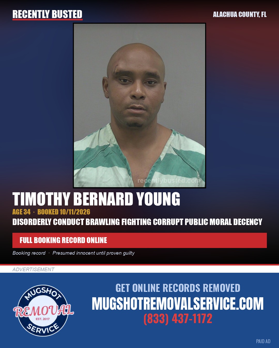 Timothy Bernard Young — arrest record card, Alachua County, Florida