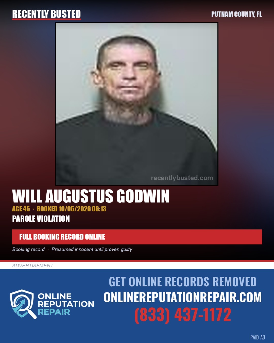Will Augustus Godwin — arrest record card, Putnam County, Florida
