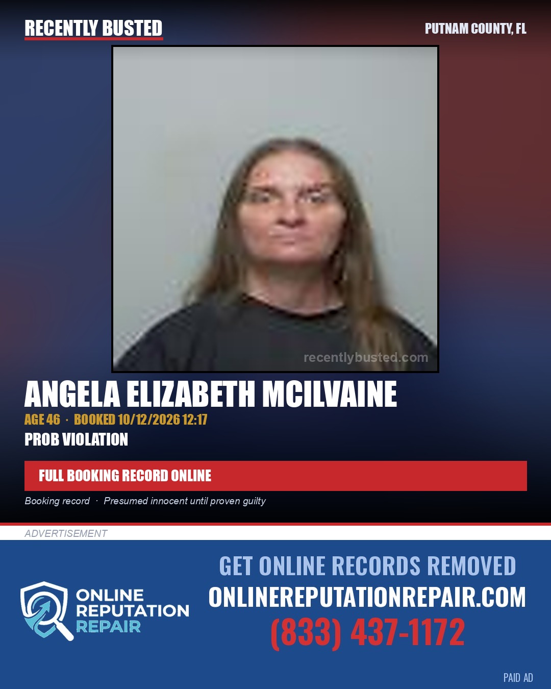 Angela Elizabeth Mcilvaine — arrest record card, Putnam County, Florida