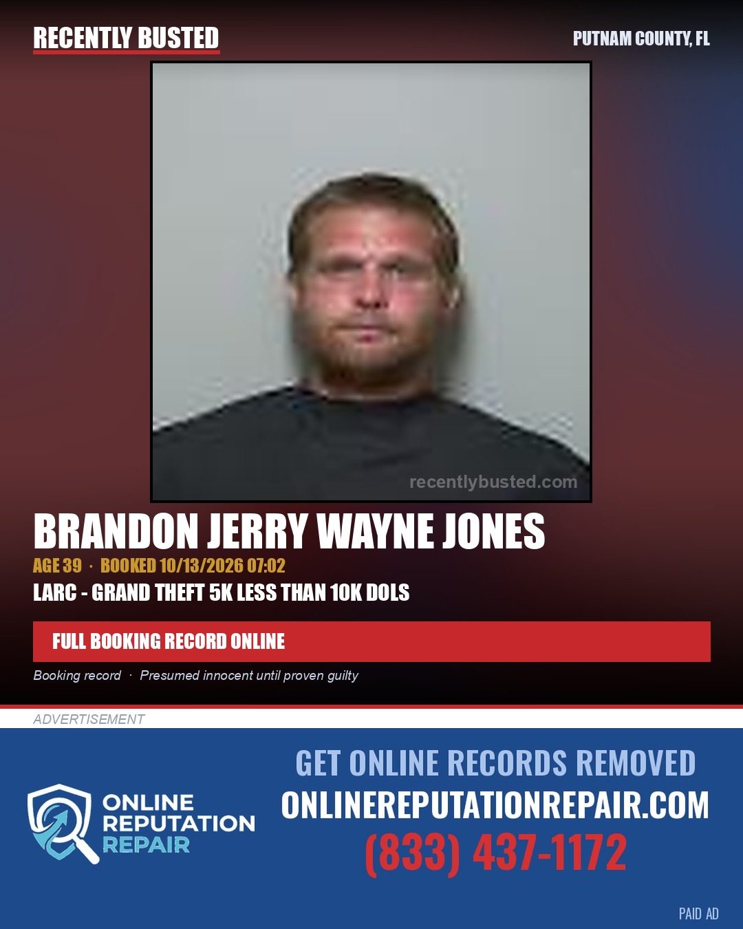 Brandon Jerry Wayne Jones — arrest record card, Putnam County, Florida