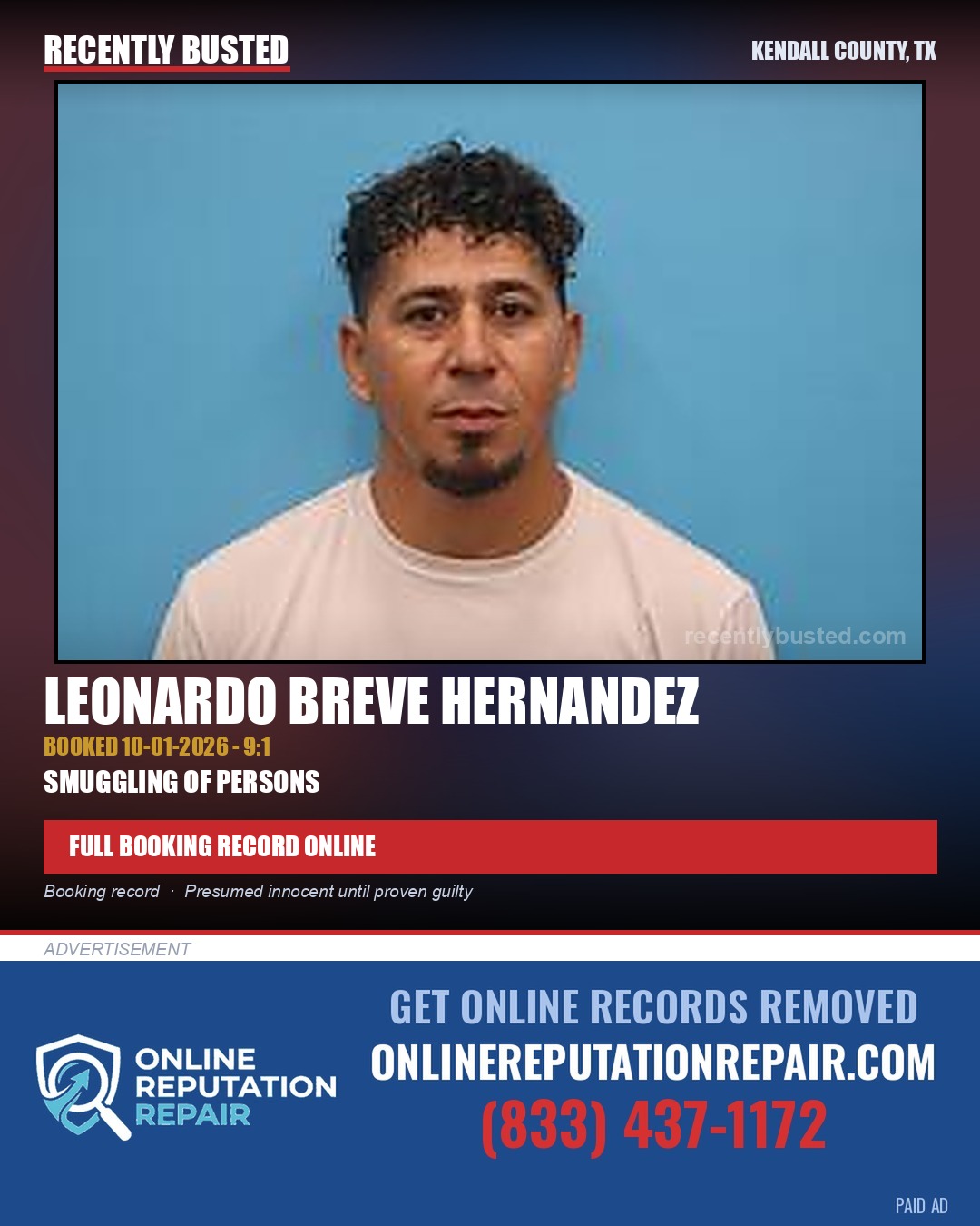 Breve Hernandez, Leonardo — arrest record card, Kendall County, Texas