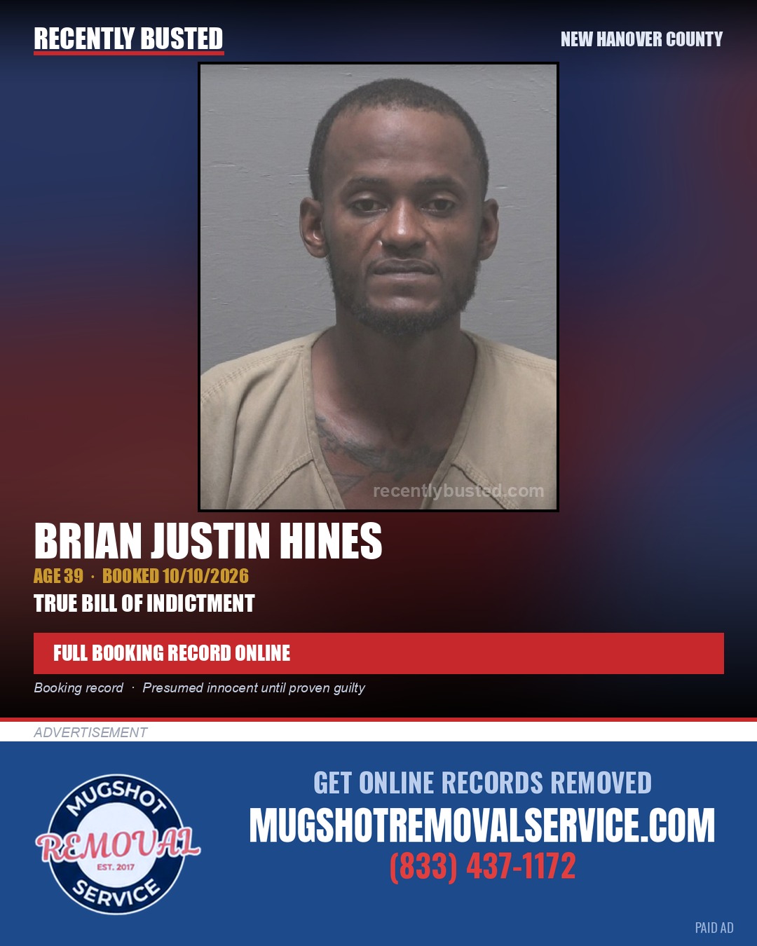 BRIAN JUSTIN HINES — arrest record card, New Hanover County