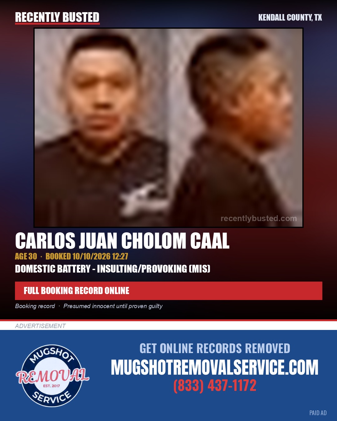 CHOLOM CAAL, CARLOS JUAN — arrest record card, Kendall County, Illinois