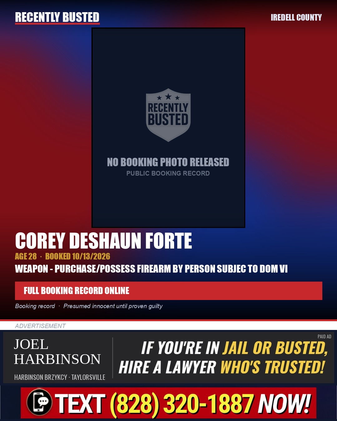 COREY DESHAUN FORTE — arrest record card, Iredell County