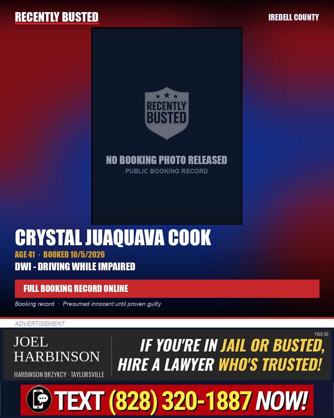 CRYSTAL JUAQUAVA COOK — arrest record card, Iredell County