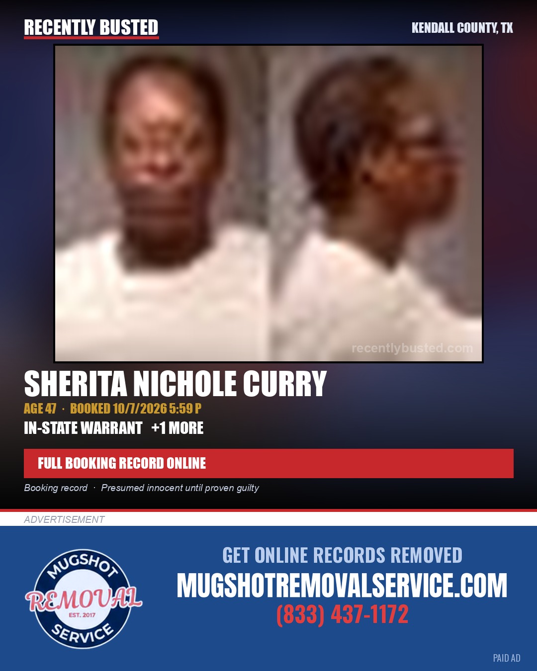 CURRY, SHERITA NICHOLE — arrest record card, Kendall County, Illinois