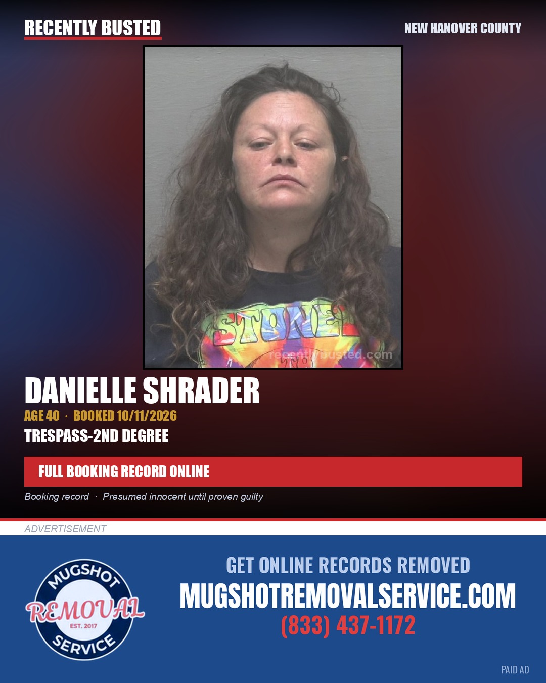 DANIELLE SHRADER — arrest record card, New Hanover County