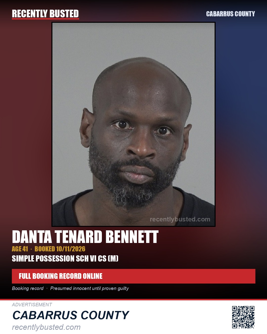 DANTA TENARD BENNETT — arrest record card, Cabarrus County