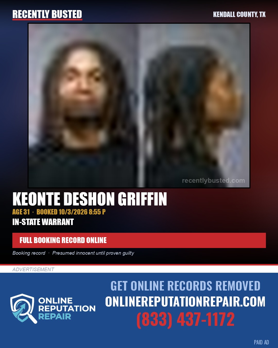 GRIFFIN, KEONTE DESHON — arrest record card, Kendall County, Illinois