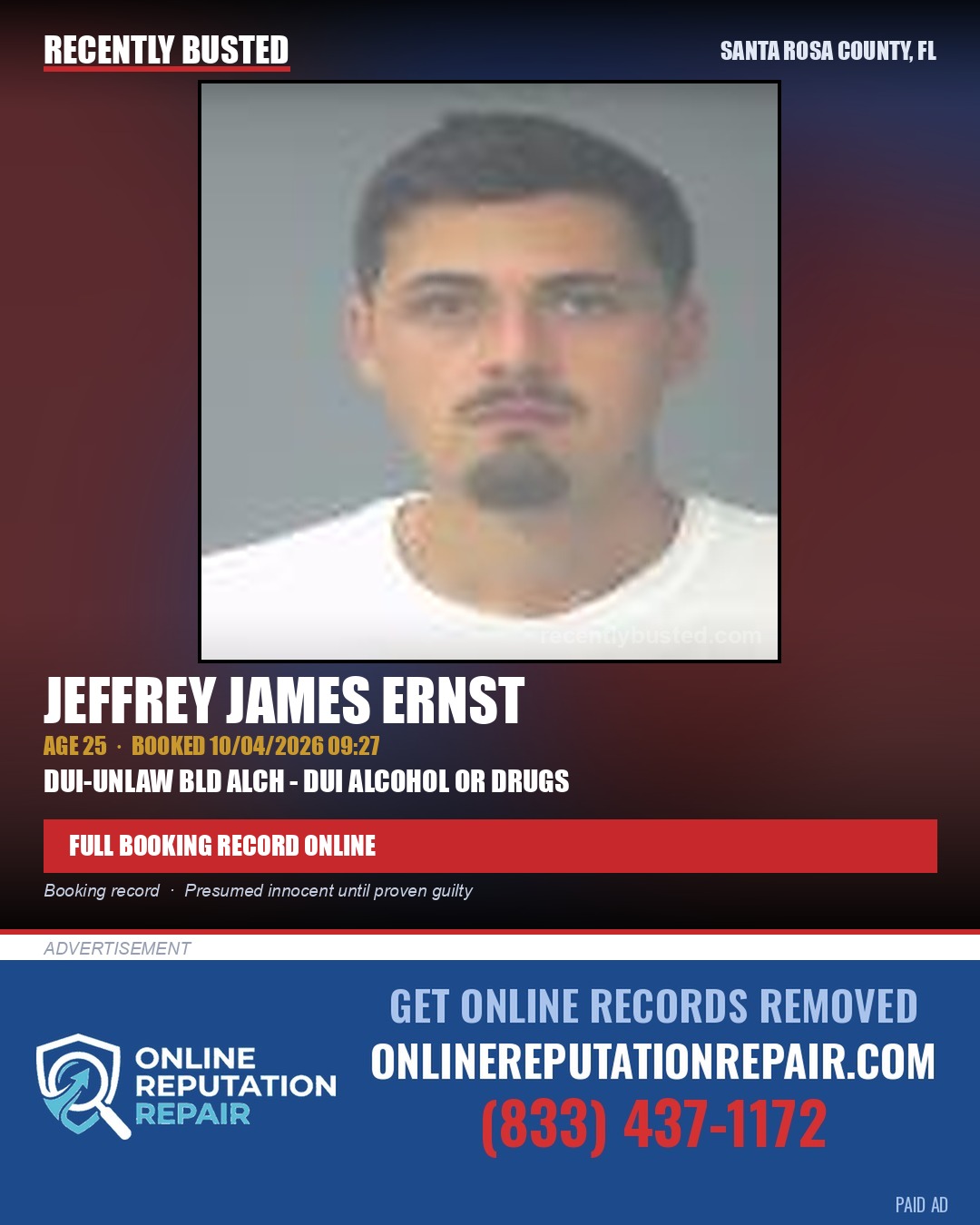 Jeffrey James Ernst — arrest record card, Santa Rosa County, Florida