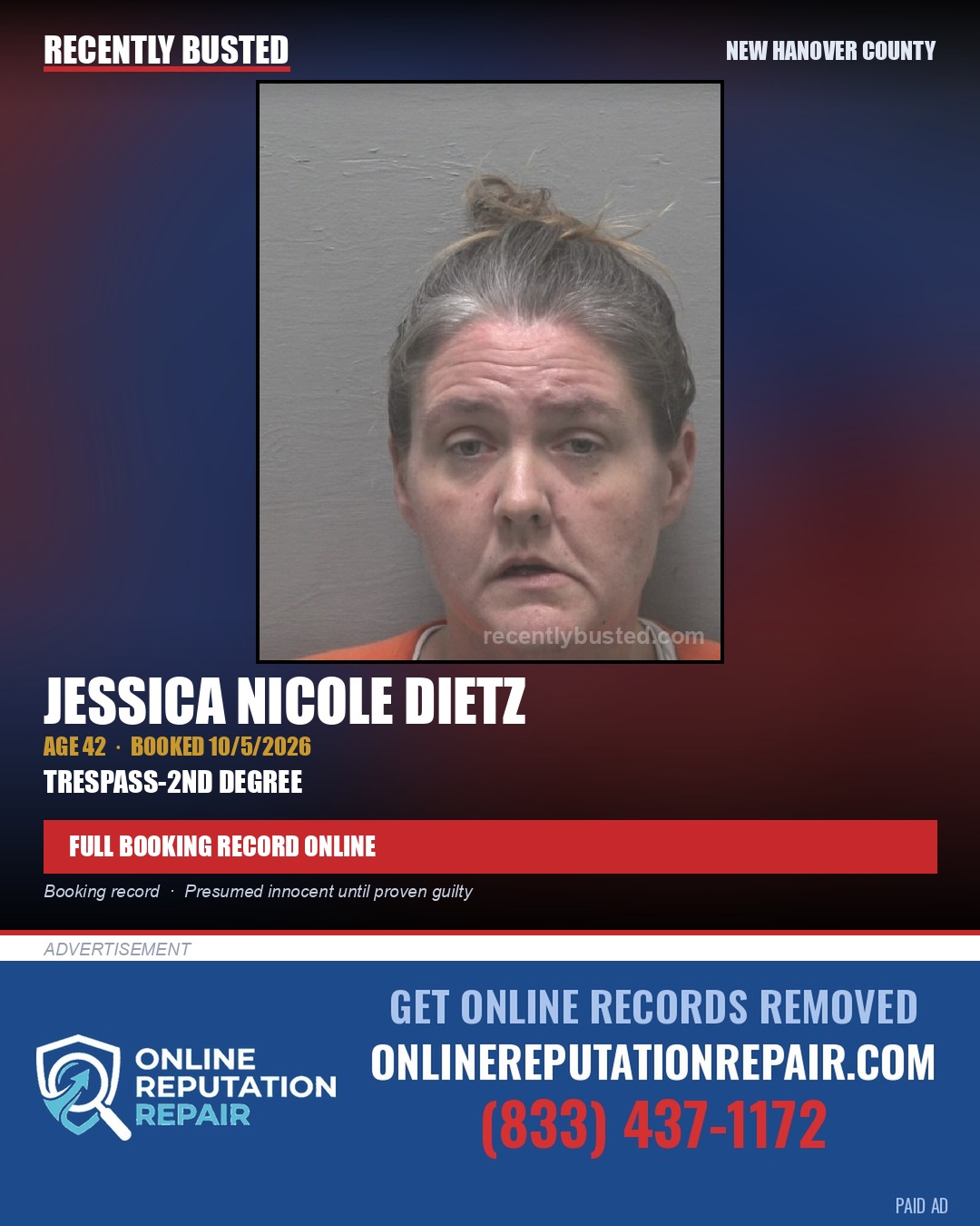 JESSICA NICOLE DIETZ — arrest record card, New Hanover County