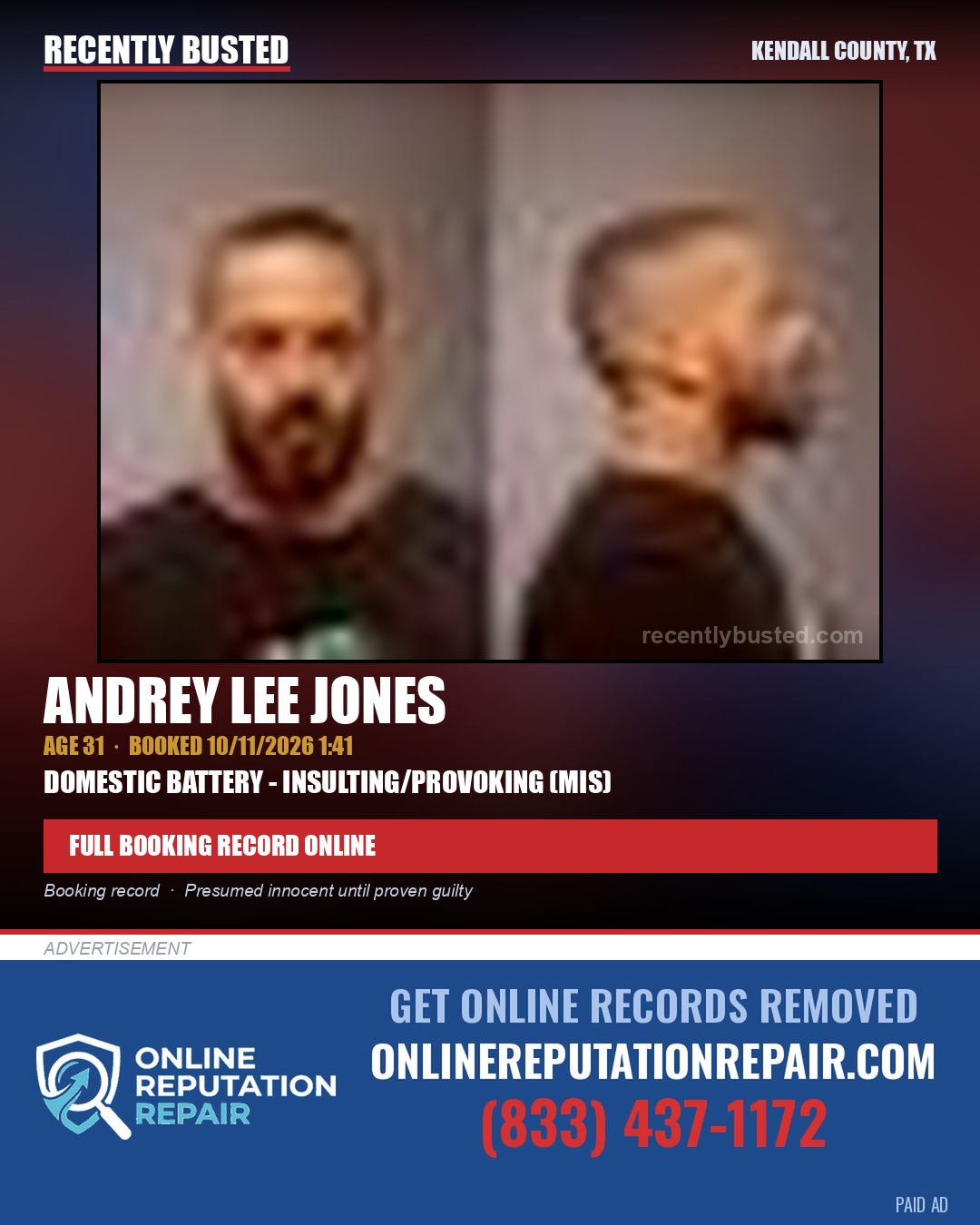 JONES, ANDREY LEE — arrest record card, Kendall County, Illinois