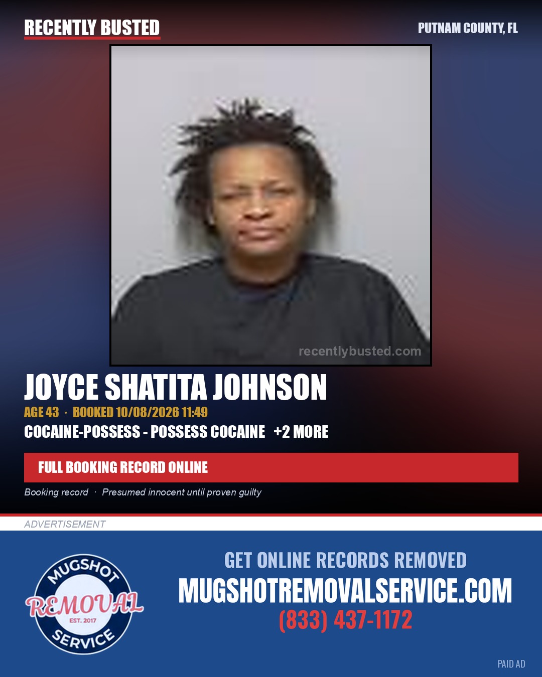 Joyce Shatita Johnson — arrest record card, Putnam County, Florida