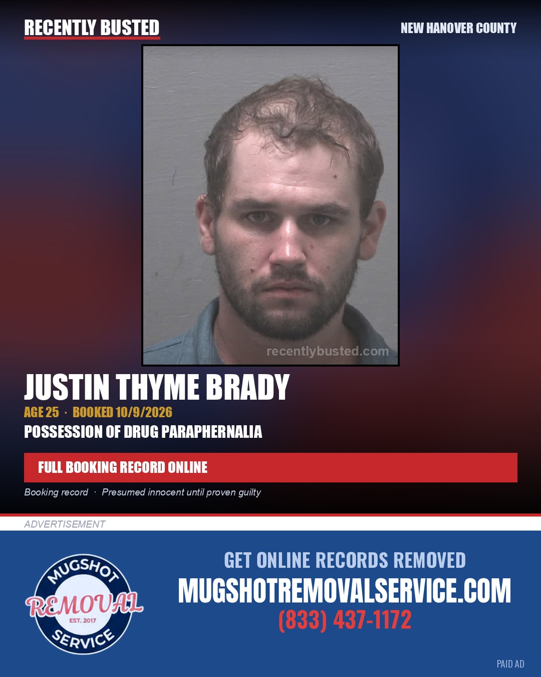 JUSTIN THYME BRADY — arrest record card, New Hanover County