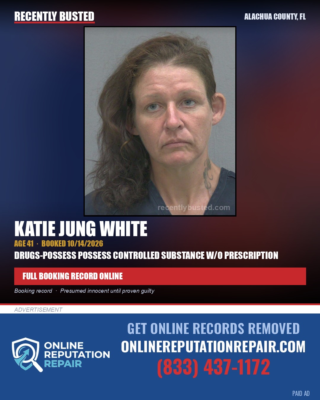 Katie Jung White — arrest record card, Alachua County, Florida