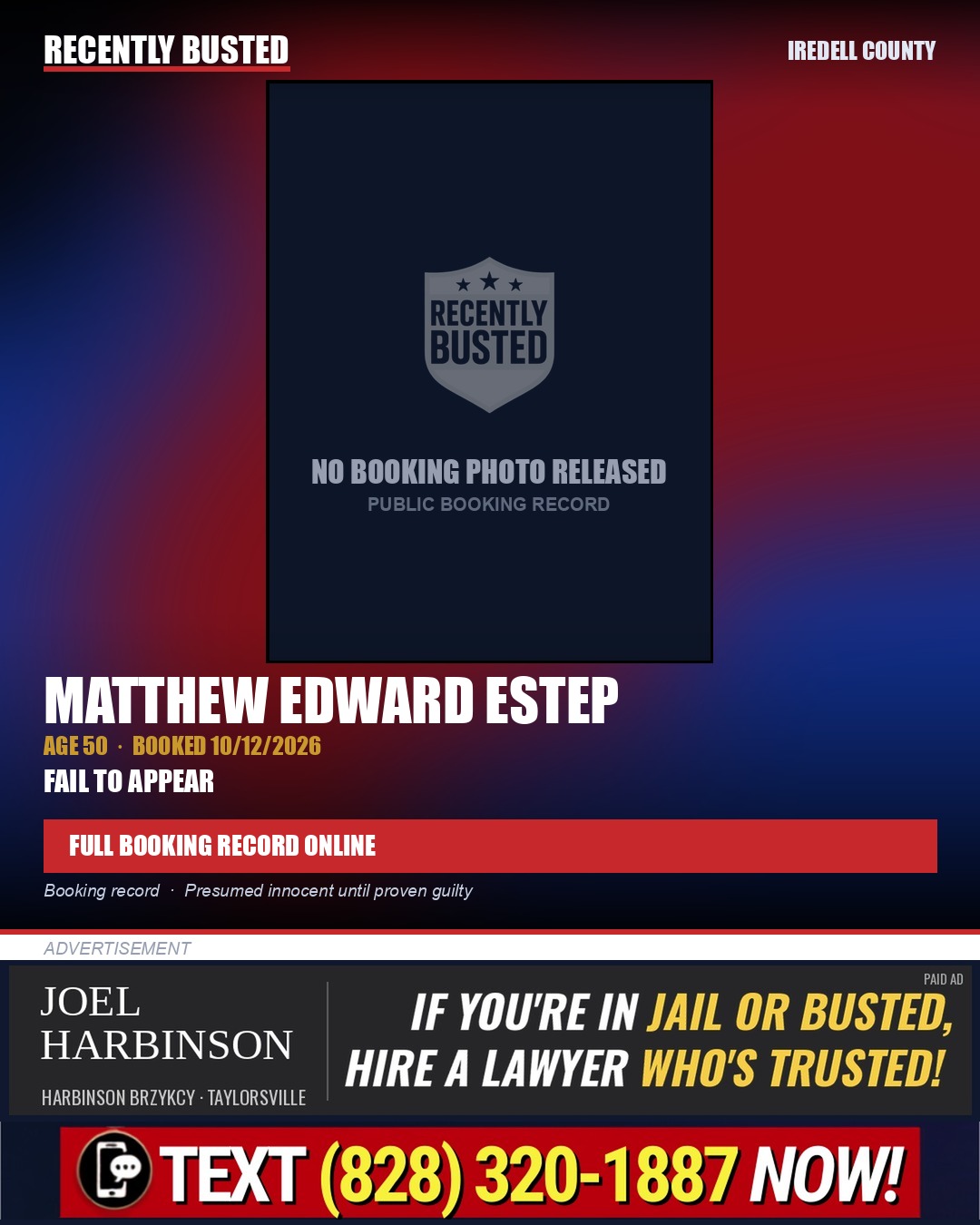 MATTHEW EDWARD ESTEP — arrest record card, Iredell County