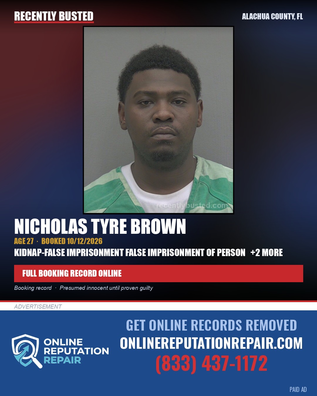 Nicholas Tyre Brown — arrest record card, Alachua County, Florida