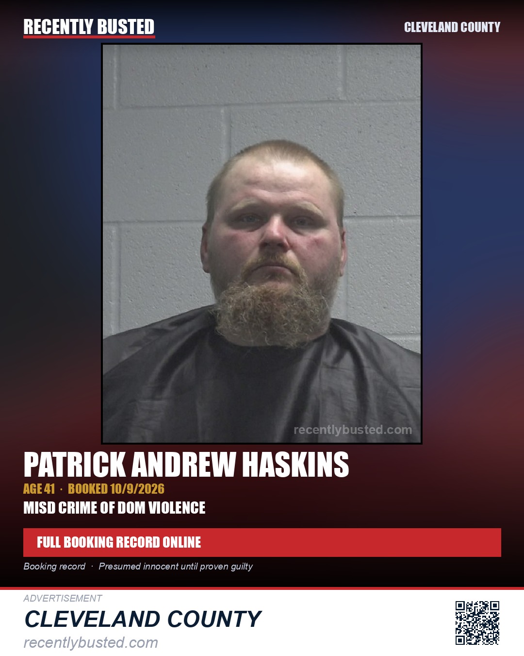 PATRICK ANDREW HASKINS — arrest record card, Cleveland County