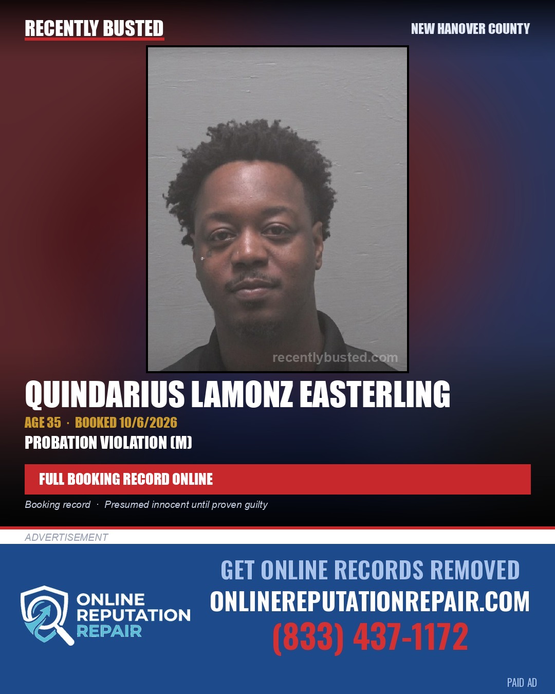 QUINDARIUS LAMONZ EASTERLING — arrest record card, New Hanover County