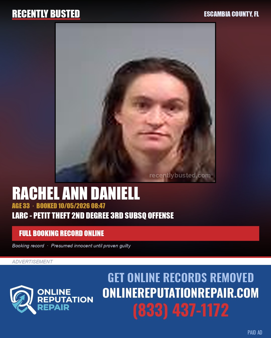 Rachel Ann Daniell — arrest record card, Escambia County, Florida