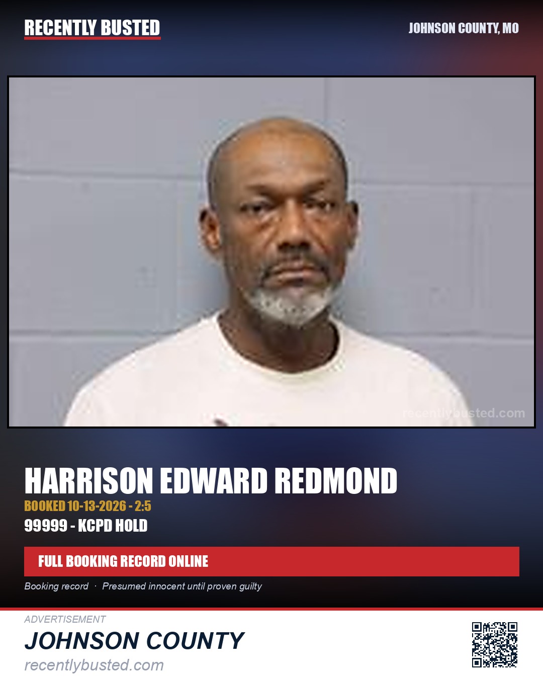 REDMOND, HARRISON EDWARD — arrest record card, Johnson County, Missouri